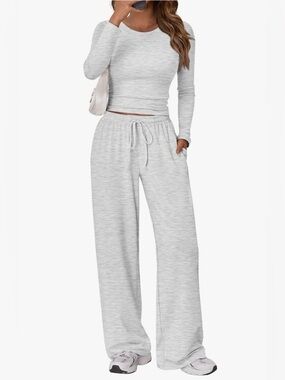 Light Gray Two-Piece Lounge Set - Long Sleeve Crop Top & Drawstring Pants